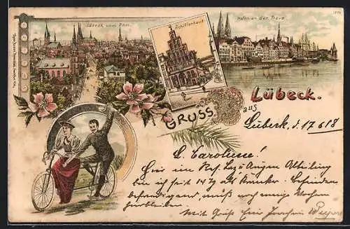 Lithographie Lübeck, Schifferhaus und Hafen an der Trave