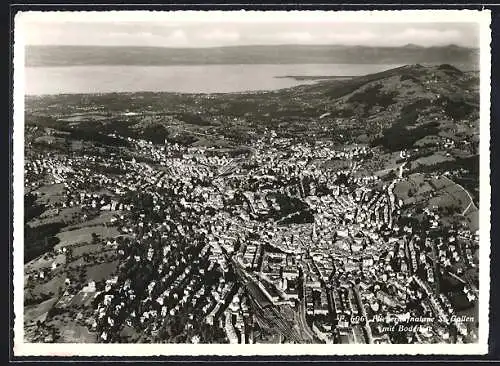 AK St. Gallen, Fliegeraufnahme des Ortes mit Bodensee