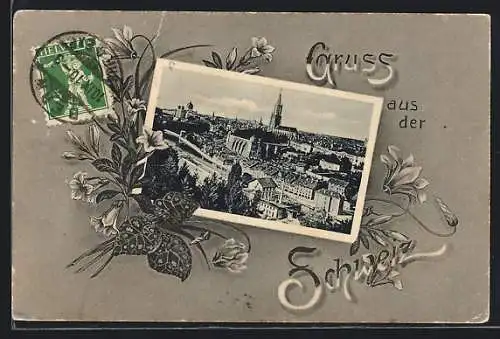 AK Bern, Totalansicht mit Blumen umrahmt