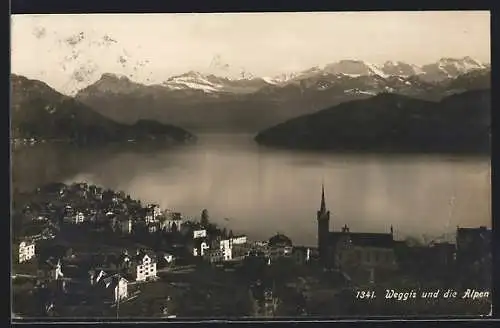AK Weggis, Ortsansicht mit den Alpen