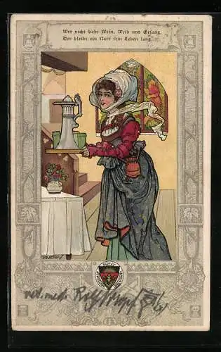 Künstler-AK Deutscher Schulverein sig. T.Welzl: Wirtin bringt Wein und Gläser, Jugendstil