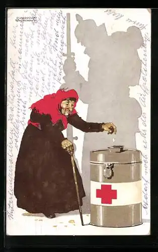 Künstler-AK Siegmund von Suchodolski: Alte Frau spendet in die Rotkreuz-Sammelbüchse, Soldat dankt ihr