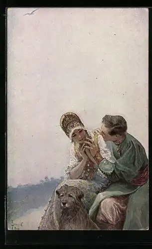 Künstler-AK S.Solomko: Russische Liebeserklärung, Paar mit Hund
