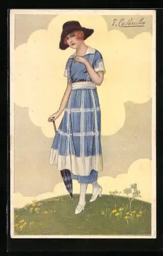 Künstler-AK E.Colombo: Frau in einem blau-weiss gemustertem Kleid mit Hut und Schirm, Art Deco