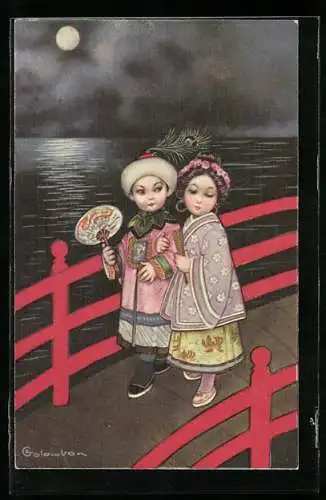 Künstler-AK E. Colombo: chinesische Kinder mit Fächer bei Vollmond auf roter Brücke über Wasser