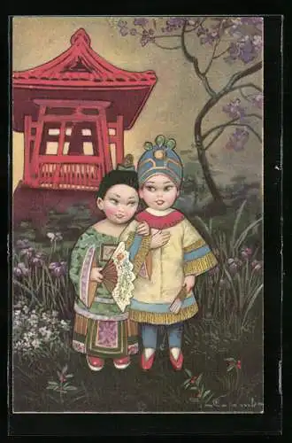 Künstler-AK E. Colombo: asiatisches Paar in Tracht