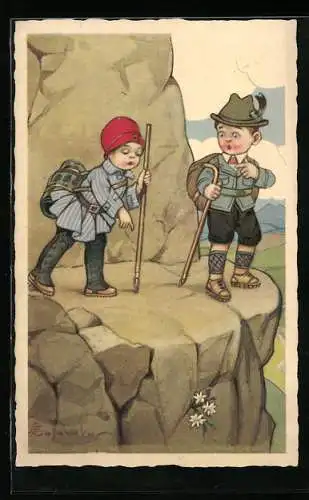 Künstler-AK E. Colombo: Bergsteiger Kinder im Gebirge mit Edelweiss