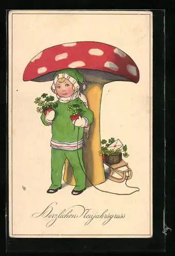 Künstler-AK Lia Döring: Junge mit Schlitten steht unter einem grossen Fliegenpilz, Kleeblätter