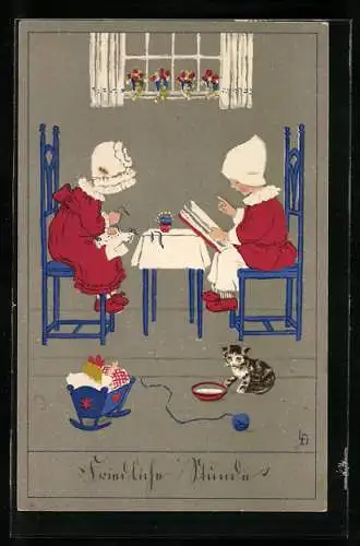 Künstler-AK Lia Döring: Mädchen lesen und nähen am Tisch, Katze mit Milchschüssel