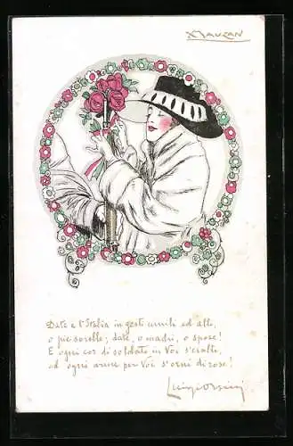 Künstler-AK Mauzan: Frau mit Hut und Pelzmantel bindet eine Schleife an den Rosenstrauss