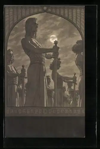 Künstler-AK Fidus: Schwertwache, Krieger mit Schwert im Mondenschein