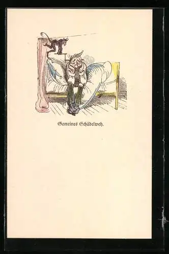 Künstler-AK Wilhelm Busch: Gemeines Schädelweh, Mann sitzt auf Bett und Teufel mit Bohrer am Kopf