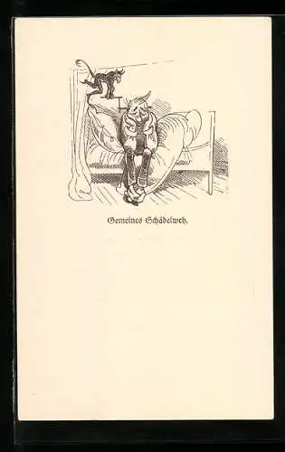 Künstler-AK Wilhelm Busch: Gemeines Schädelweh, Mann sitzt auf Bett und Teufel mit Bohrer am Kopf