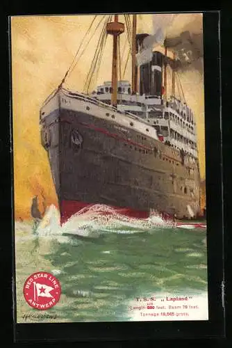 Künstler-AK Henri Cassiers: Passagierschiff T. S. S. Lapland, Red Star Line, Bug pflügt durch grüne See