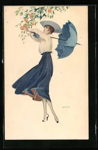 Künstler-AK Bianchi: Elegante Dame mit Schirm pflückt Orangen vom Baum