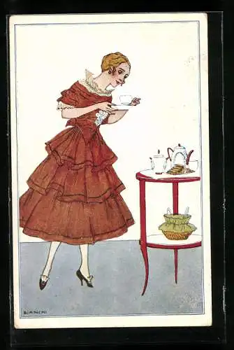 Künstler-AK Bianchi: Dame beim Kaffeetrinken