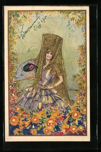 Künstler-AK Adolfo Busi: Dame mit Fächer inmitten von Blüten