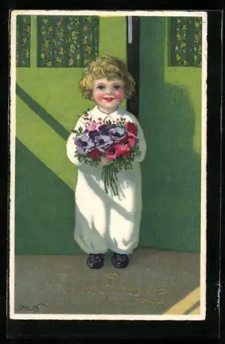 Künstler-AK Fritz Baumgarten: lächelndes Kind mit Bluemnstrauss