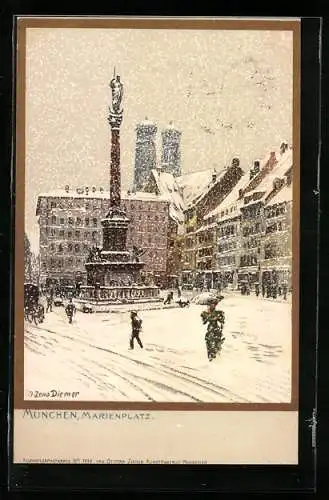 Künstler-Lithographie Zeno Diemer: München, Marienplatz im Winter