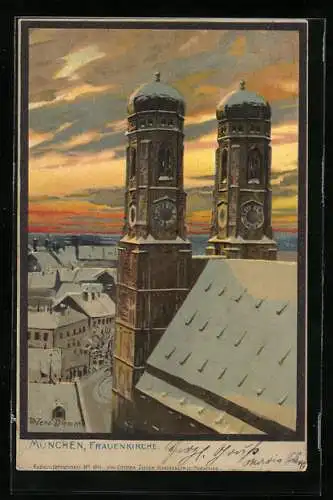 Künstler-AK Zeno Diemer: München, Frauenkirche mit verschneitem Dach und Blick über die Stadt