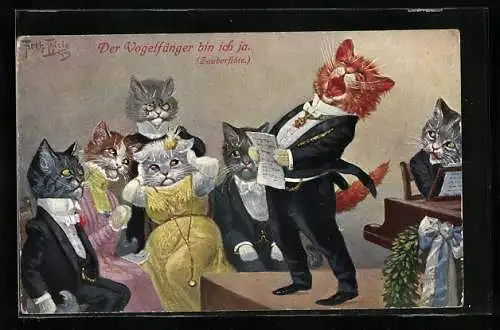 Künstler-AK Arthur Thiele: Katzen-Tenor mit wenig begeisterten Zuhörern