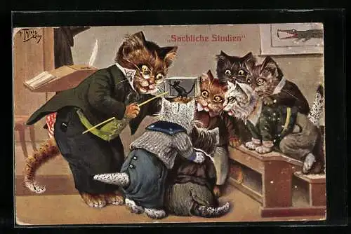 Künstler-AK A. Thiele: Katzenschule, Unterrichtsthema: Die Maus
