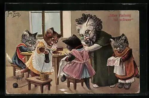 Künstler-AK A. Thiele: Mutter zeigt ihren Katzenkindern wie man strickt, häckelt und stickt