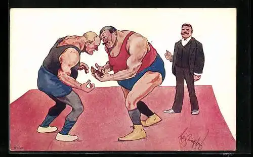 Künstler-AK Fritz Schönpflug: Ausprobieren der Gegner, Männer beim Ringen