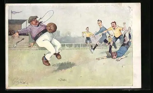 Künstler-AK Fritz Schönpflug: Schiedrichter wird auf dem Fussballfeld angeschossen