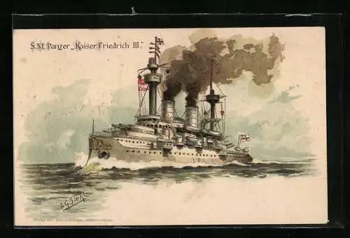 Künstler-AK Johann Georg Siehl-Freystett: S. M. S. Kriegsschiff Kaiser Wilhelm II. auf hoher See