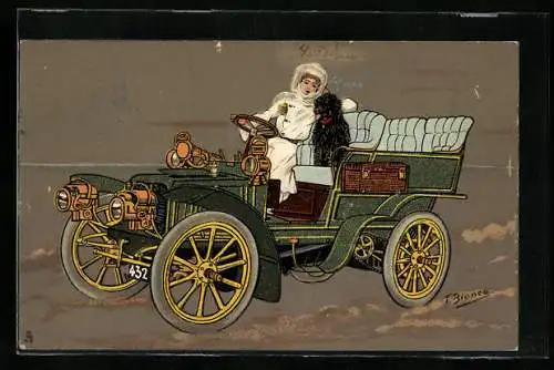 Künstler-AK T. Bianco: Dame bei Spritztour mit Hund