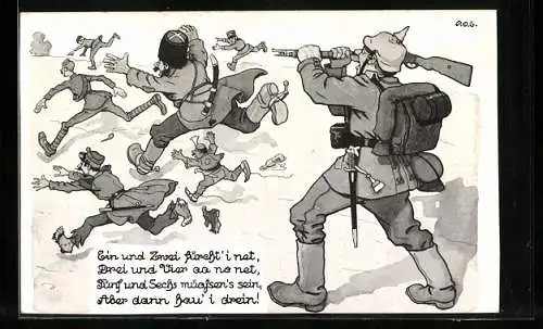 Künstler-AK P. O. Engelhard (P.O.E.): Soldat mit Pickelhaube ziehlt mit seinem Gewehr auf andere Soldaten