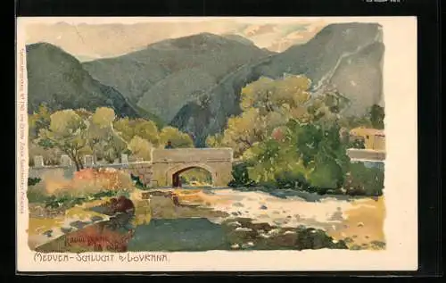 Künstler-Lithographie Raoul Frank: Lovrana, Brücke in der Medvea-Schlucht