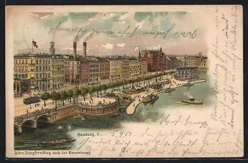 Lithographie Hamburg-Neustadt, Alter Jungfernstieg nach der Renovierung, Strassenbahn