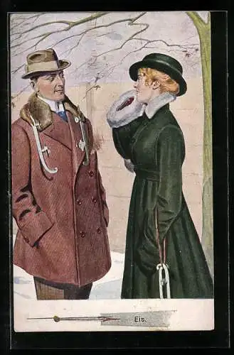 Künstler-AK Mann und Frau mit Schlittschuh