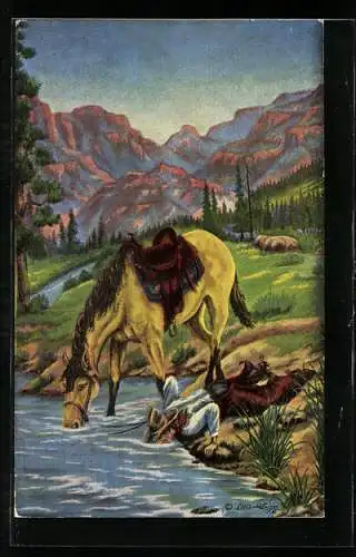 Künstler-AK Cowboy und Pferd beim Trinken am Fluss