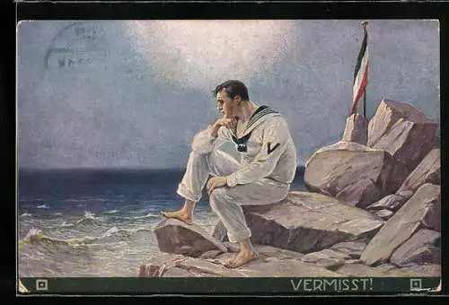 Künstler-AK Vermisst!, Gestrandeter Matrose sitzt auf Felsen