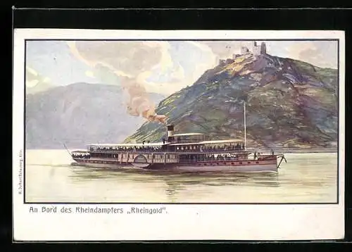 Lithographie Rheindampfer Rheingold der Köln-Düsseldorfer Rhein-Dampfschiffahrt, Seitenraddampfer