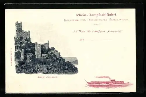 AK Rhein-Dampfschiffahrt, An Bord des Dampfers Frauenlob, Burg Sonneck
