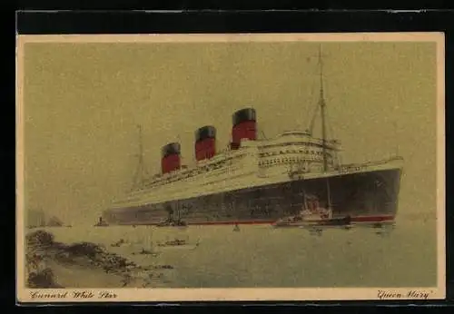 AK Passagierschiff RMS Queen Mary wird vor der Küste von Schleppern geführt