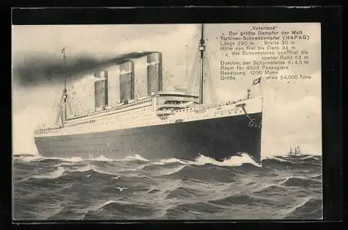 AK Turbinen-Schnelldampfer Vaterland, Passagierdampfer auf hoher See