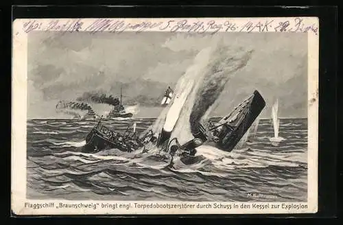 Künstler-AK Flaggschiff Braunschweig bringt engl. Torpedobootszerstörer durch Schuss in den Kessel zur Explosion