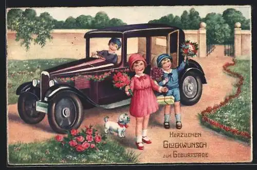 AK Kinder mit Blumen am geschmückten Auto