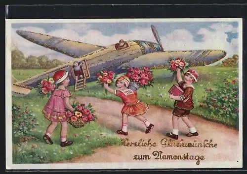 Künstler-AK Mädchen mit Blumen laufen zum Flugzeug