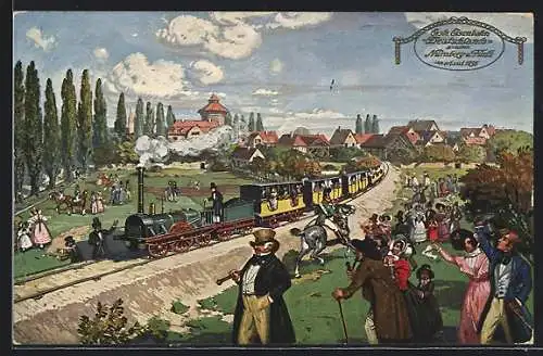 Künstler-AK Zuschauer bei der Ersten Eisenbahn Deutschlands zwischen Nürnberg und Fürth