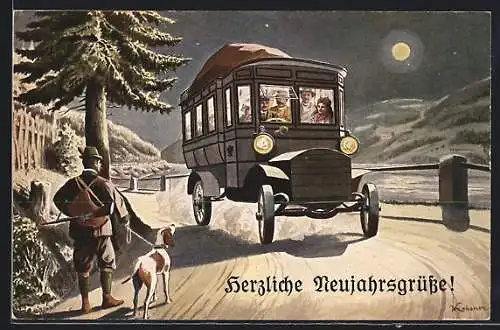 AK Jäger mit Hund und Postwagen, K. K. Automobilpost 1908
