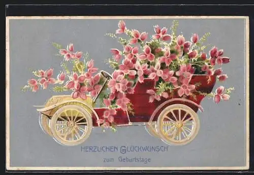 AK Geburtstagsgruss, Auto voll blühender Blumen