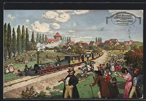 Künstler-AK Zuschauer bei der Ersten Eisenbahn Deutschlands zwischen Nürnberg und Fürth