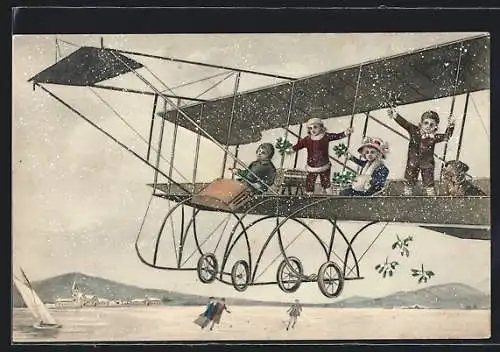 Künstler-AK Kinder in einem Flugzeug im Schnee
