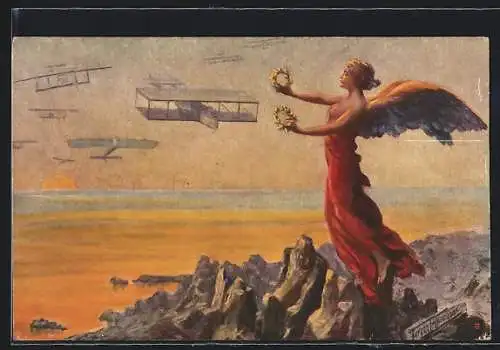 AK Flugzeuge fliegen den Sonnenuntergang entgegen